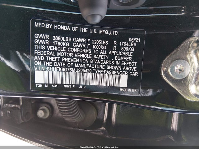 45740407 :رقم المزاد ، SHHFK8G76MU205429 vin ، 2021 Honda Civic Type R Touring مزاد بيع