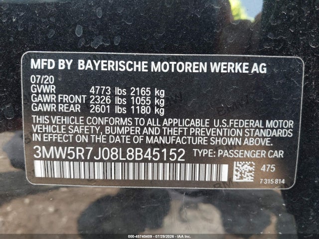 Продажа на аукционе авто 2020 Bmw 330i Xdrive, vin: 3MW5R7J08L8B45152, номер лота: 45740409
