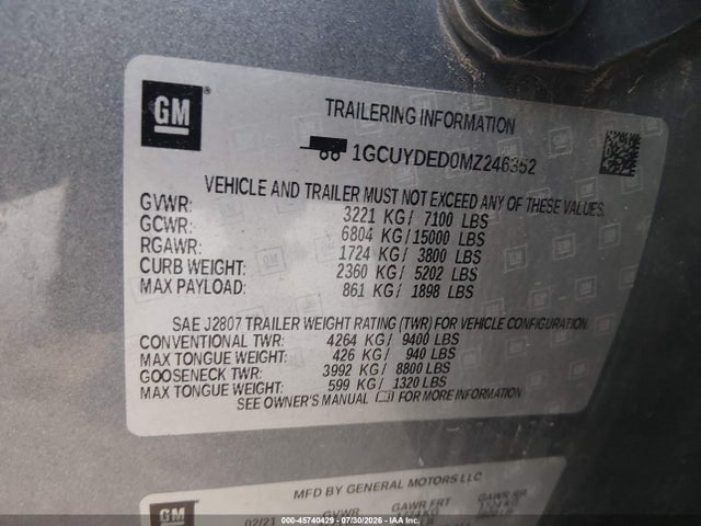 2021 Chevrolet Silverado 1500 4wd  Short Bed Lt მანქანა იყიდება აუქციონზე, vin: 1GCUYDED0MZ246352, აუქციონის ნომერი: 45740429