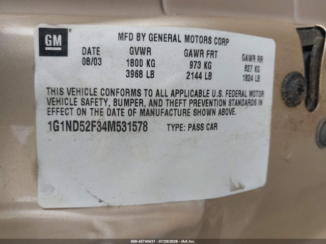 45740431 :رقم المزاد ، 1G1ND52F34M531578 vin ، 2004 Chevrolet Classic مزاد بيع