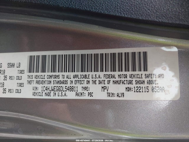 45740441 :رقم المزاد ، 1C4HJWEG6DL548811 vin ، 2013 Jeep Wrangler Unlimited Sahara مزاد بيع