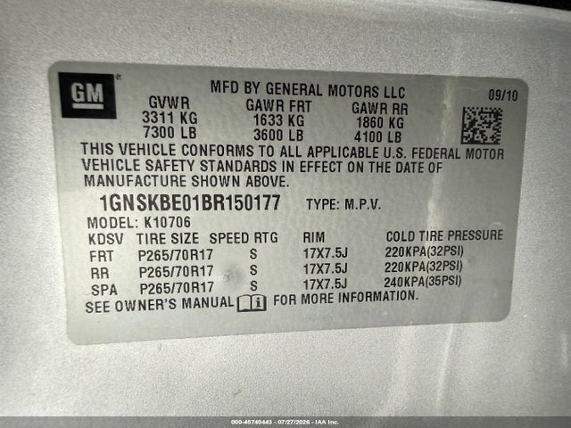 2011 Chevrolet Tahoe Lt მანქანა იყიდება აუქციონზე, vin: 1GNSKBE01BR150177, აუქციონის ნომერი: 45740443