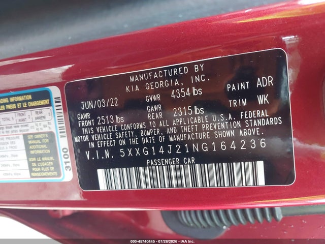 Aukcja sprzedaży 2022 Kia K5 Lxs, vin: 5XXG14J21NG164236, numer aukcji: 45740445