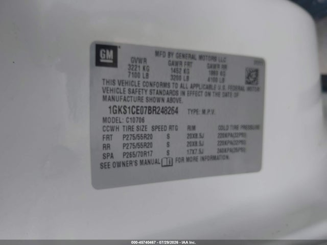 45740467 :رقم المزاد ، 1GKS1CE07BR248264 vin ، 2011 Gmc Yukon Slt مزاد بيع