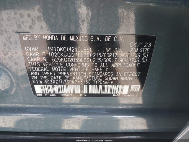 45740470 :رقم المزاد ، 3CZRZ1H73PM743158 vin ، 2023 Honda Hr-v 2wd Ex-l مزاد بيع