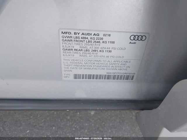 45740483 :رقم المزاد ، WA1GFCFS1GR018143 vin ، 2016 Audi Q3 2.0t Premium Plus مزاد بيع