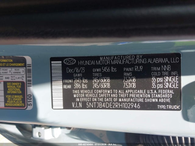 Aukcja sprzedaży 2024 Hyundai Santa Cruz Sel, vin: 5NTJB4DE2RH102946, numer aukcji: 45740484