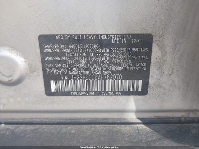 Aukcja sprzedaży 2010 Subaru Forester 2.5x Premium, vin: JF2SH6CC6AH762070, numer aukcji: 45740489