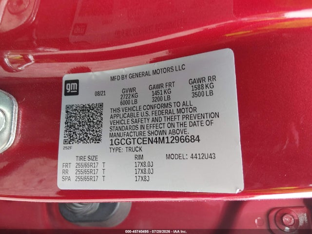 Aukcja sprzedaży 2021 Chevrolet Colorado 4wd  Long Box Lt, vin: 1GCGTCEN4M1296684, numer aukcji: 45740495