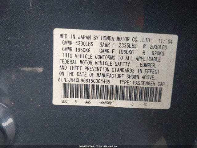 45740508 :رقم المزاد ، JH4CL96815C004469 vin ، 2005 Acura Tsx مزاد بيع