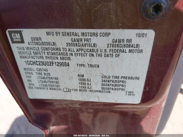 45740510 :رقم المزاد ، 1GCHC23U02F129084 vin ، 2002 Chevrolet Silverado 2500hd Ls مزاد بيع