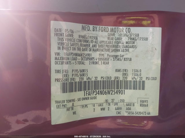 Продажа на аукционе авто 2006 Ford Focus Zx4, vin: 1FAFP34N06W254901, номер лота: 45740518