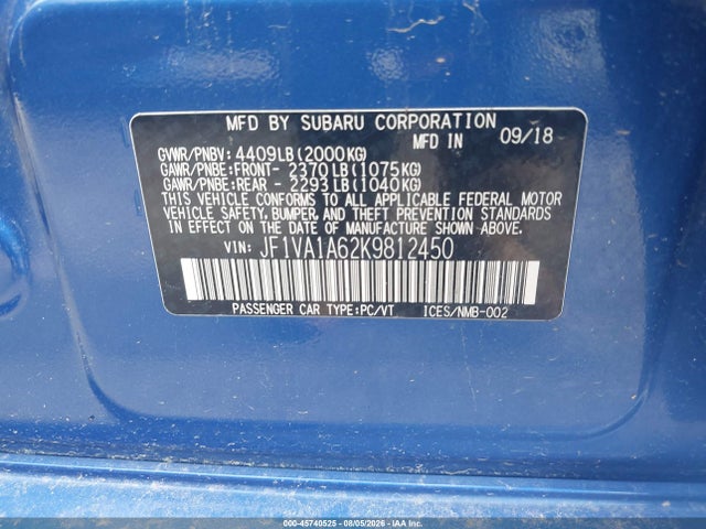 Aukcja sprzedaży 2019 Subaru Wrx, vin: JF1VA1A62K9812450, numer aukcji: 45740525