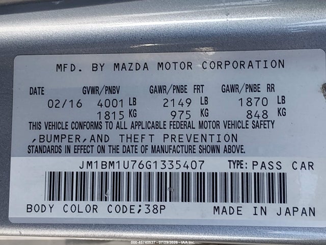 JM1BM1U76G1335407 Mazda Mazda3 I Sport