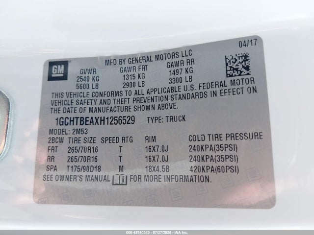 45740540 :رقم المزاد ، 1GCHTBEAXH1256529 vin ، 2017 Chevrolet Colorado 4wd Wt مزاد بيع