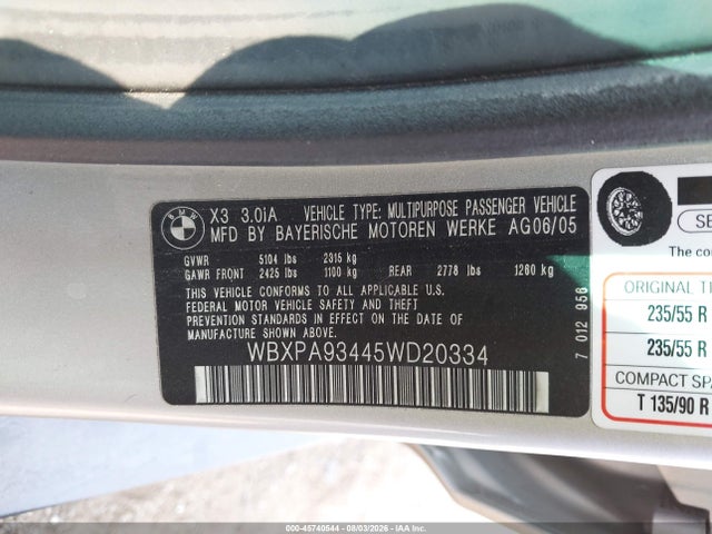 2005 Bmw X3 3.0i მანქანა იყიდება აუქციონზე, vin: WBXPA93445WD20334, აუქციონის ნომერი: 45740544