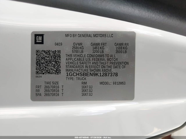 Chevrolet Colorado Wt 2019 1GCHSBEN9K1287378 Image 9
