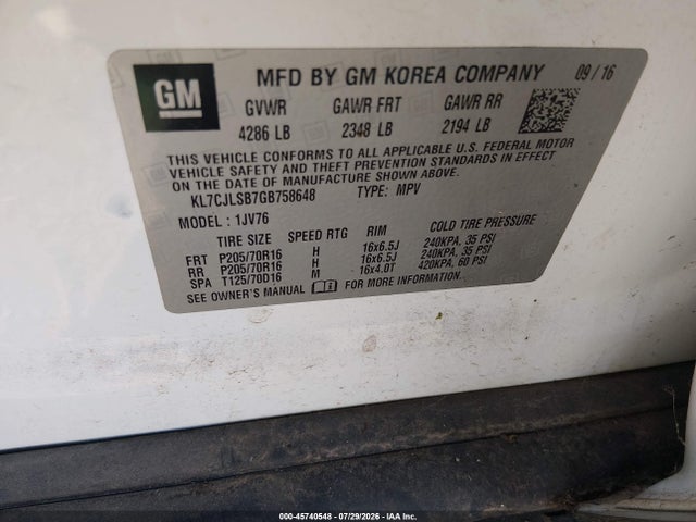 45740548 :رقم المزاد ، KL7CJLSB7GB758648 vin ، 2016 Chevrolet Trax Lt مزاد بيع