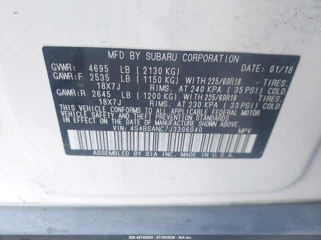 Aukcja sprzedaży 2018 Subaru Outback 2.5i Limited, vin: 4S4BSANC7J3306040, numer aukcji: 45740554