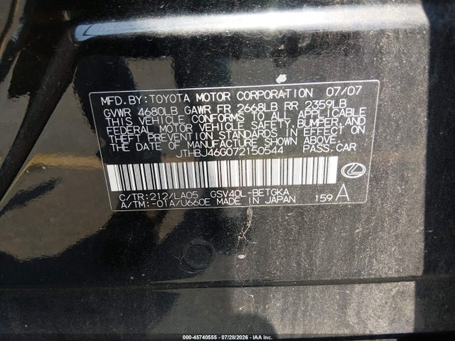 Продаж на аукціоні авто 2007 Lexus Es 350, vin: JTHBJ46G072150544, номер лоту: 45740555