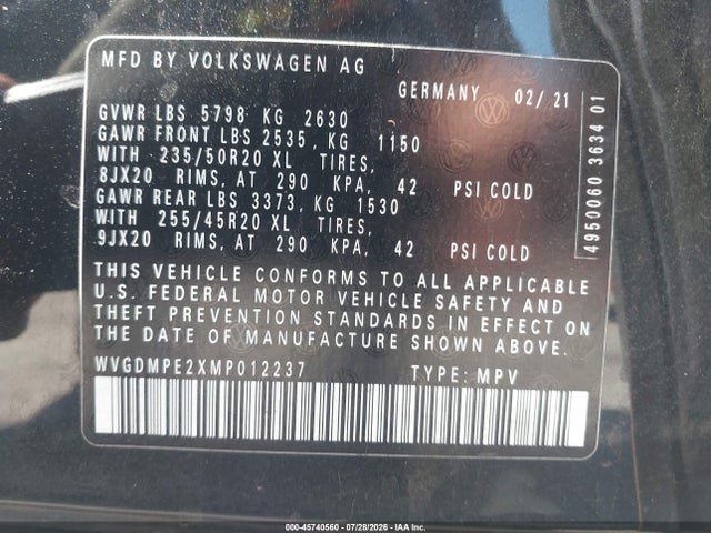 WVGDMPE2XMP012237 Volkswagen Id.4 1st Edition