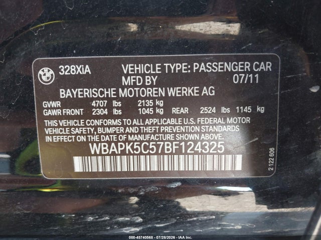 Aukcja sprzedaży 2011 Bmw 328i Xdrive, vin: WBAPK5C57BF124325, numer aukcji: 45740568