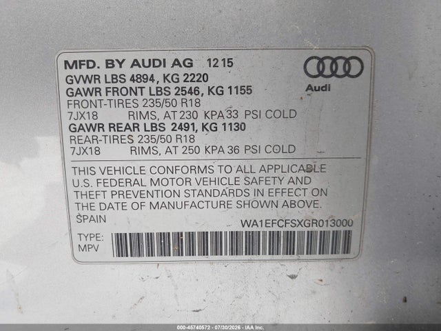 Aukcja sprzedaży 2016 Audi Q3 2.0t Premium Plus, vin: WA1EFCFSXGR013000, numer aukcji: 45740572