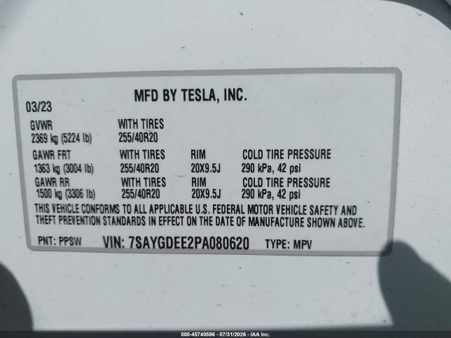 2023 Tesla Model Y Awd/long Range Dual Motor All-wheel Drive მანქანა იყიდება აუქციონზე, vin: 7SAYGDEE2PA080620, აუქციონის ნომერი: 45740596