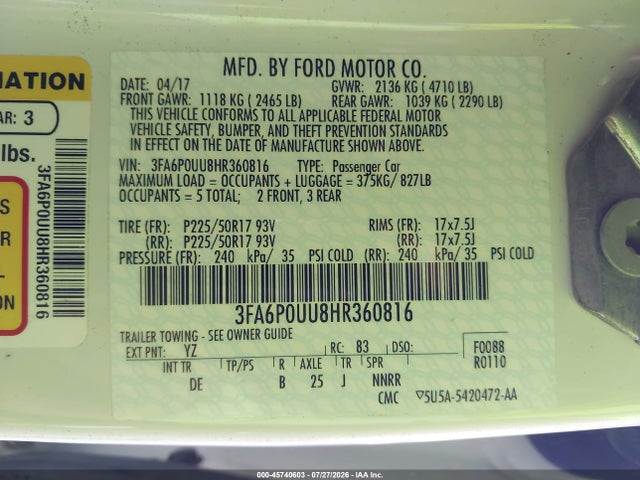 Ford Fusion Hybrid S 2017 3FA6P0UU8HR360816 Image 9