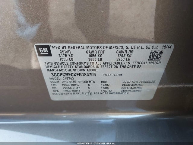 3GCPCRECXFG184705 Chevrolet Silverado 1500 Lt