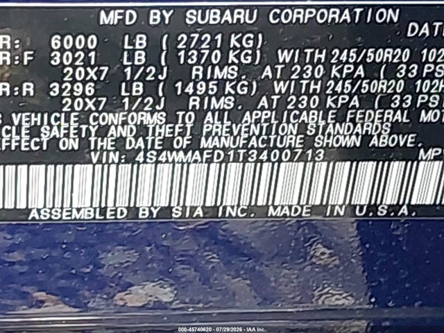 Продаж на аукціоні авто 2026 Subaru Ascent Limited 8-passenger, vin: 4S4WMAFD1T3400713, номер лоту: 45740620