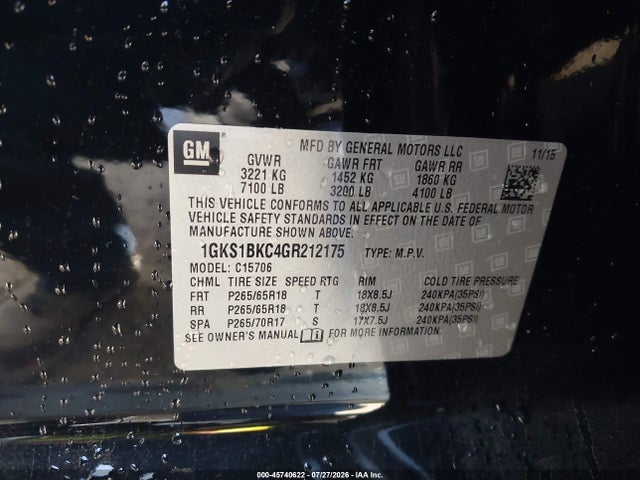 GMC YUKON SLT 2016 1GKS1BKC4GR212175 Image 9