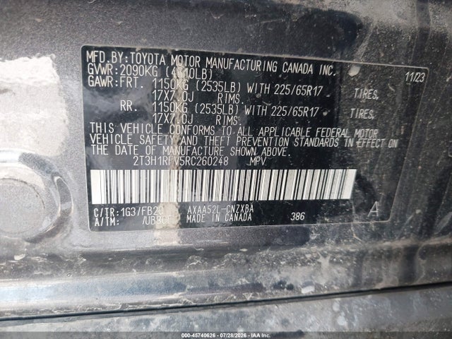 Auction sale of the 2024 Toyota Rav4 Le, vin: 2T3H1RFV5RC260248, lot number: 45740626