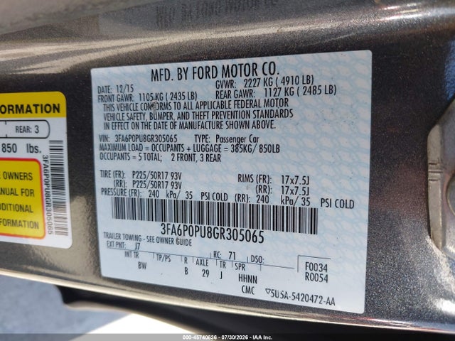 3FA6P0PU8GR305065 Ford Fusion Energi Se Luxury