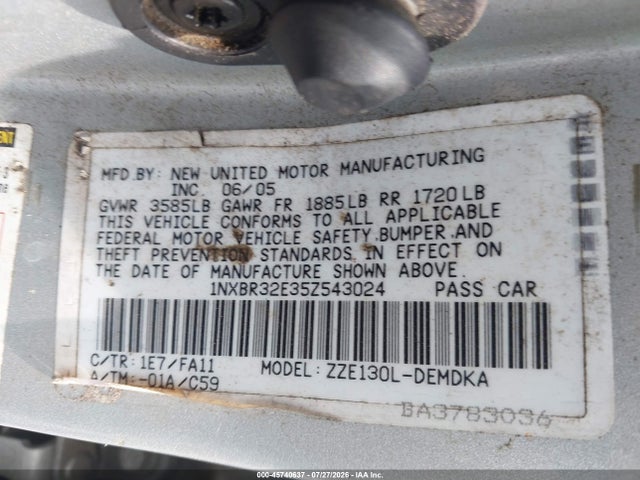 45740637 :رقم المزاد ، 1NXBR32E35Z543024 vin ، 2005 Toyota Corolla Ce مزاد بيع