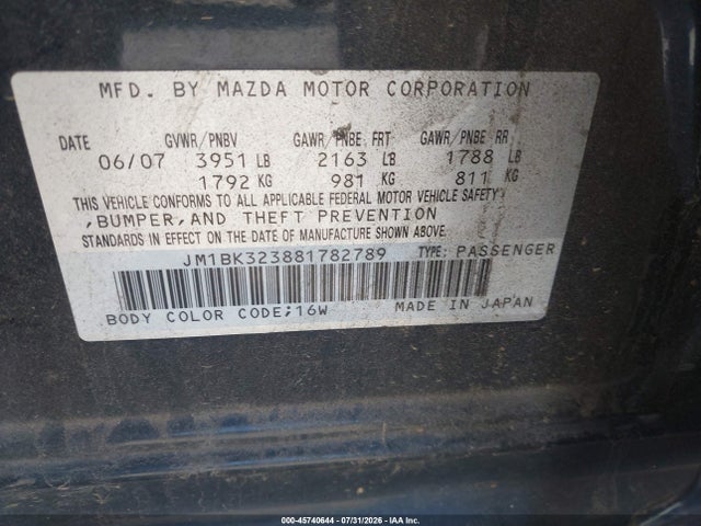 2008 Mazda Mazda3 S Grand Touring მანქანა იყიდება აუქციონზე, vin: JM1BK323881782789, აუქციონის ნომერი: 45740644