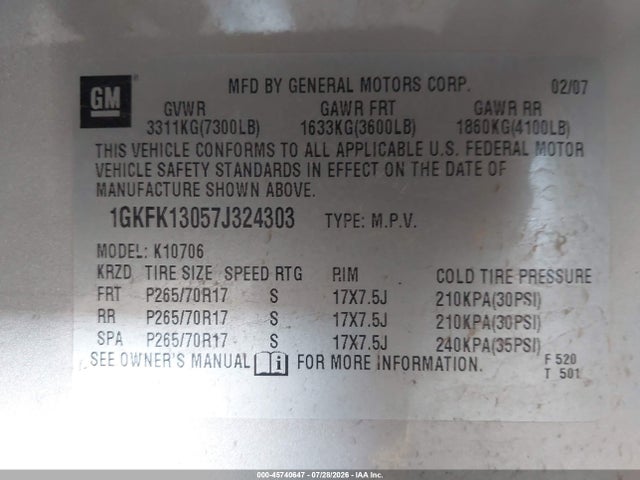 Продаж на аукціоні авто 2007 Gmc Yukon Slt, vin: 1GKFK13057J324303, номер лоту: 45740647