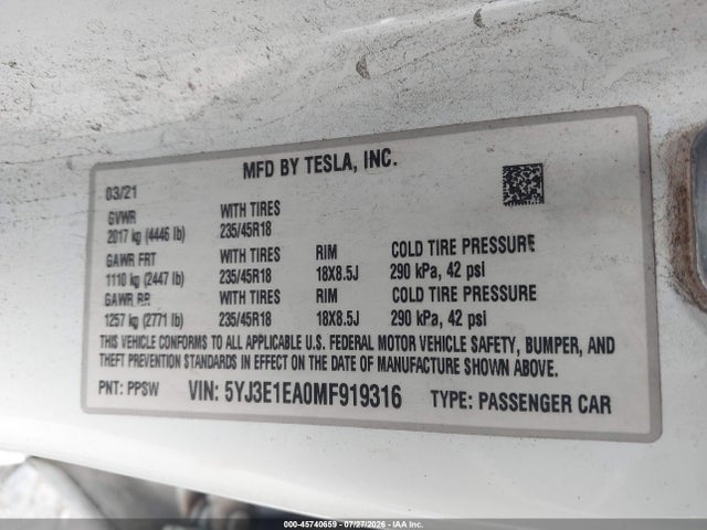Продаж на аукціоні авто 2021 Tesla Model 3 Standard Range Plus Rear-wheel Drive, vin: 5YJ3E1EA0MF919316, номер лоту: 45740659