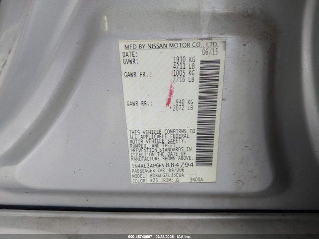 1N4AL3AP6FN884794 Nissan Altima 2.5/2.5 S/2.5 Sl/2.5 Sv