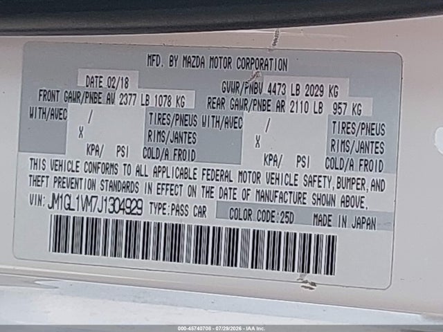 45740708 :رقم المزاد ، JM1GL1VM7J1304929 vin ، 2018 Mazda Mazda6 Touring مزاد بيع
