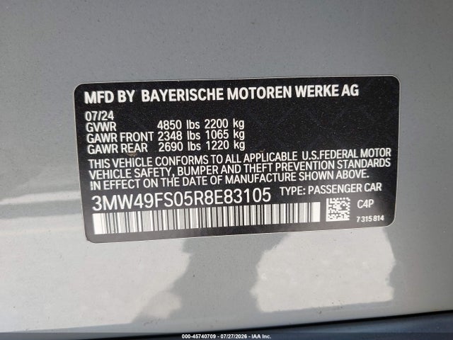 45740709 :رقم المزاد ، 3MW49FS05R8E83105 vin ، 2024 Bmw M340i مزاد بيع