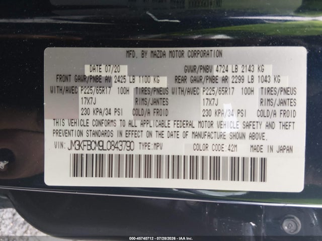 Aukcja sprzedaży 2020 Mazda Cx-5 Touring, vin: JM3KFBCM9L0843790, numer aukcji: 45740712