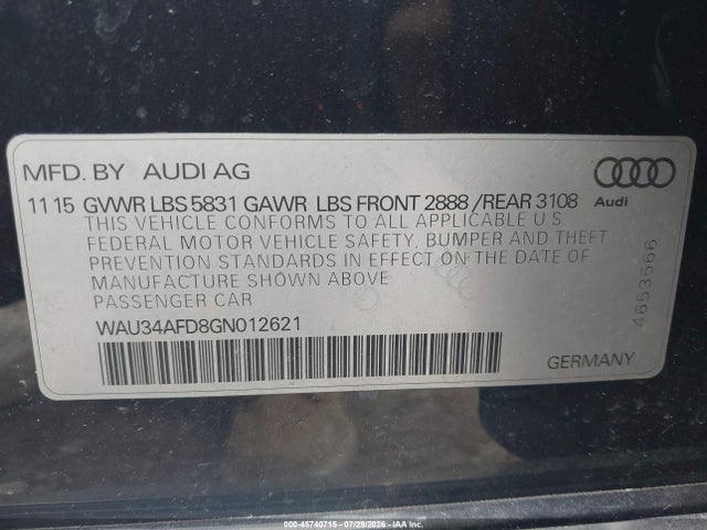 45740715 :رقم المزاد ، WAU34AFD8GN012621 vin ، 2016 Audi A8 L 3.0t مزاد بيع