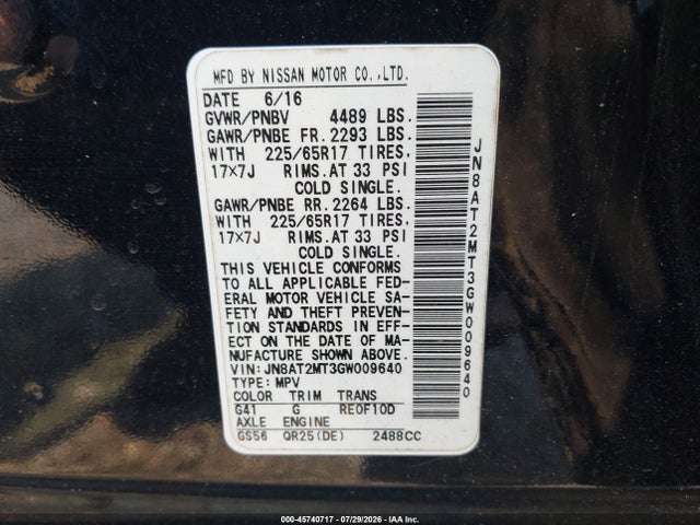 Продажа на аукционе авто 2016 Nissan Rogue S, vin: JN8AT2MT3GW009640, номер лота: 45740717