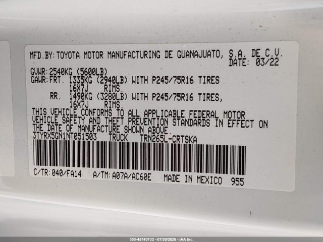 Продаж на аукціоні авто 2022 Toyota Tacoma Sr, vin: 3TYRX5GN1NT051503, номер лоту: 45740732