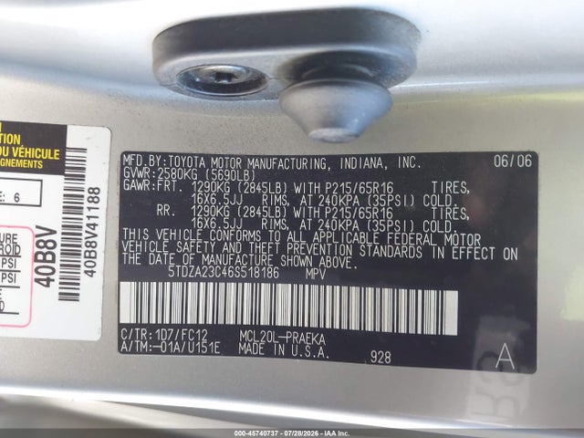 2006 Toyota Sienna Le მანქანა იყიდება აუქციონზე, vin: 5TDZA23C46S518186, აუქციონის ნომერი: 45740737