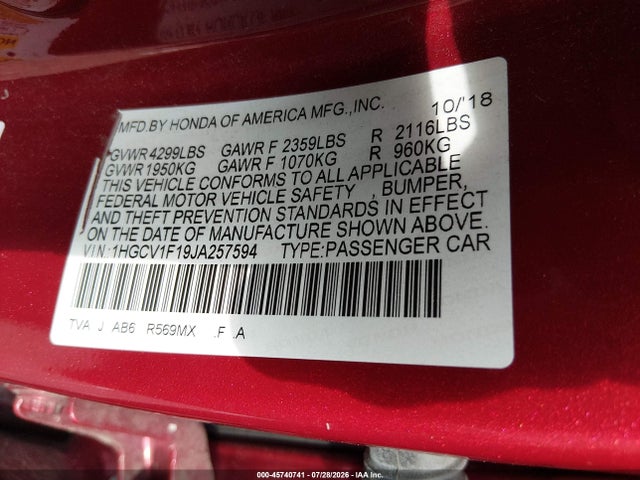 Honda ACCORD LX 2018 1HGCV1F19JA257594 Image 9
