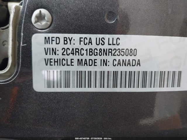 Продаж на аукціоні авто 2022 Chrysler Pacifica Touring L, vin: 2C4RC1BG8NR235080, номер лоту: 45740759