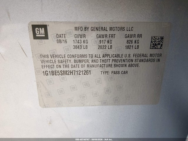 2017 Chevrolet Cruze Lt Auto მანქანა იყიდება აუქციონზე, vin: 1G1BE5SM2H7121261, აუქციონის ნომერი: 45740767