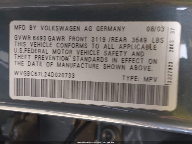 Aukcja sprzedaży 2004 Volkswagen Touareg V6, vin: WVGBC67L24D020733, numer aukcji: 45740769